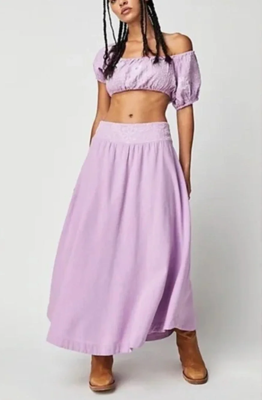 NEW FREE PEOPLE ORCHID PURPLE WHITE LOTUS MIDI SKIRT CROP TOP SET SZ M